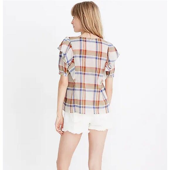 Madewell V Neck Shoulder Ruffle Top Blouse Shady Plaid Rusted Tin Small EUC - Picture 5 of 11